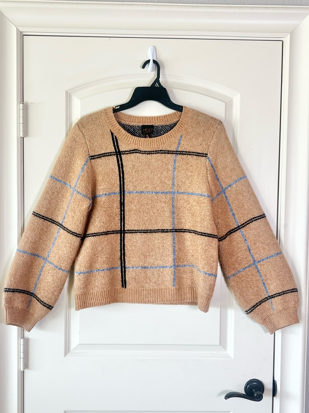 Dark Academia Plaid Knit Sweater Camel Blue Oversized Statement Sleeve Crewneck